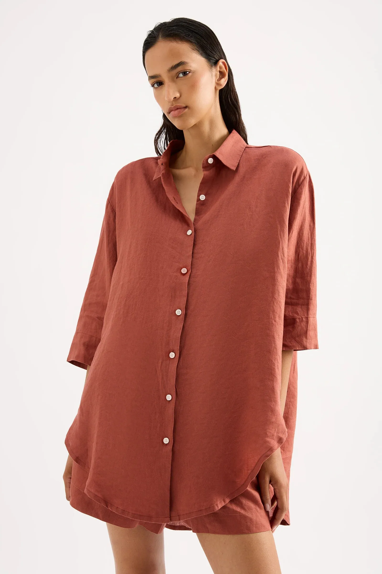 NUDE LUCY Lounge Linen Longline Shirt - Rust