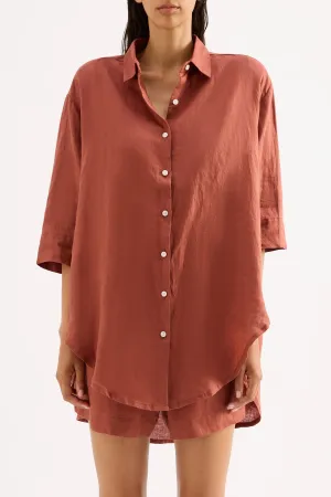 NUDE LUCY Lounge Linen Longline Shirt - Rust