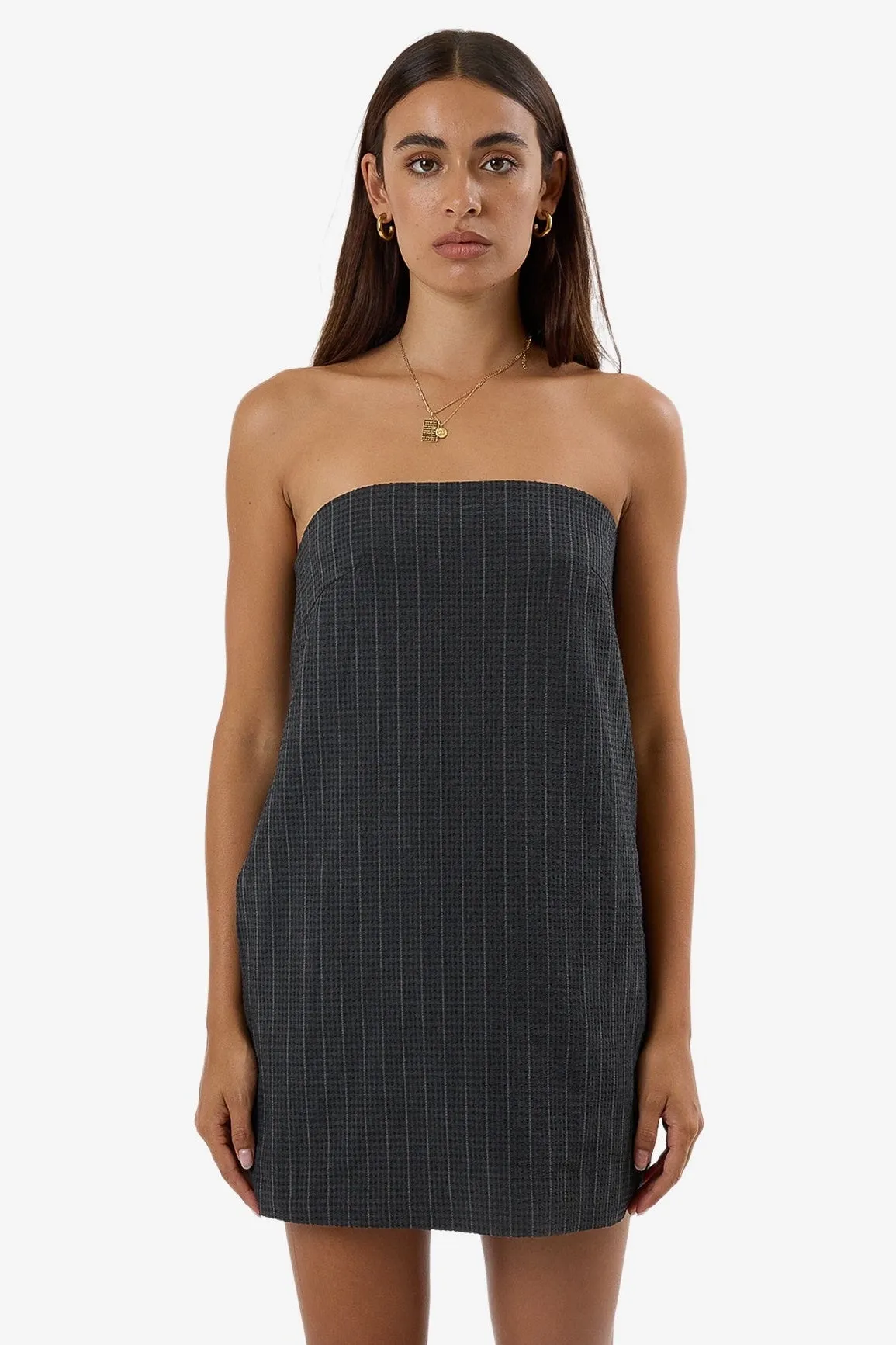 Thrills Colby Strapless Dress - Charcoal Pinstripe